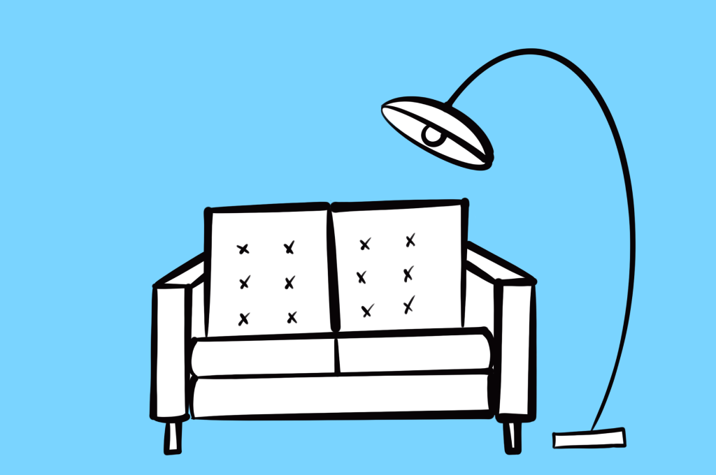 Das Bild zeigt ein Sofa und eine Lampe und ist das Logo unsere karla Wohnzimmers.