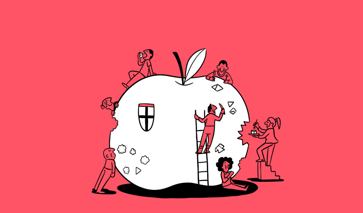 Die Illustration zeigt einen Apfel mit dem Wappen der Stadt Konstanz, an dem viele Bürger:innen nagen.