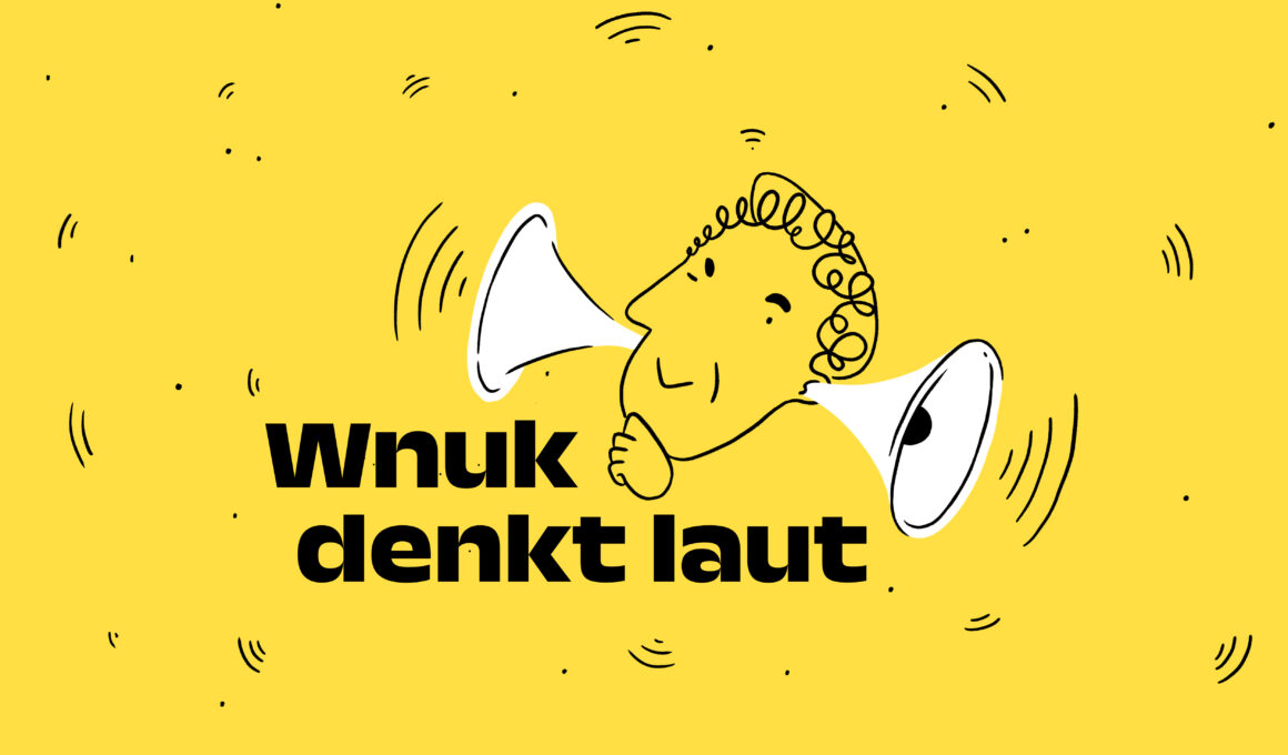 Das Bild zeigt das Logo zur Kolumne: ein Gesicht mit Megafonen an den Ohren, dazu der Titel Wnuk denkt laut.