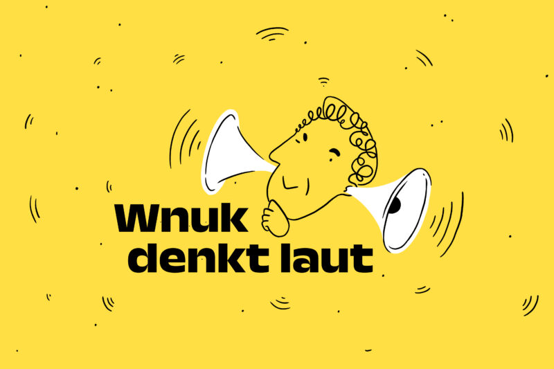 Das Bild zeigt das Logo zur Kolumne: ein Gesicht mit Megafonen an den Ohren, dazu der Titel Wnuk denkt laut.