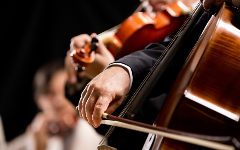 Das Foto zeigt Musiker:innen aus einem klassischen Orchester bei einem Konzert.