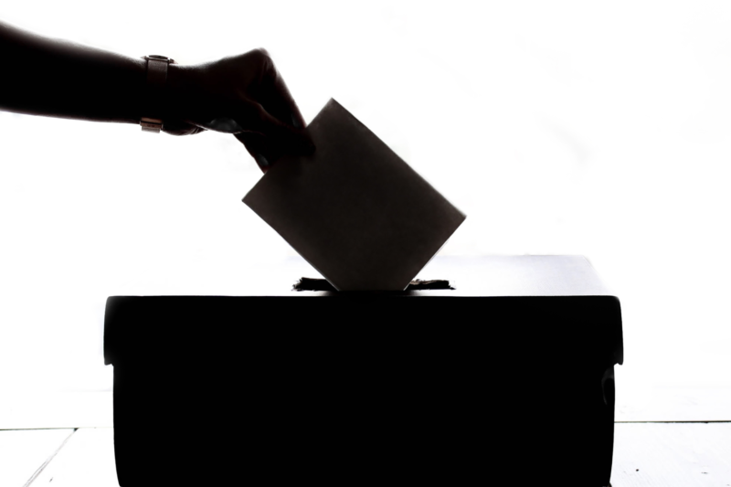 Das Bild zeigt eine Hand wie sie einen Wahlzettel in eine Wahlurne steckt. Die Hand und die Box liegen im Schatten