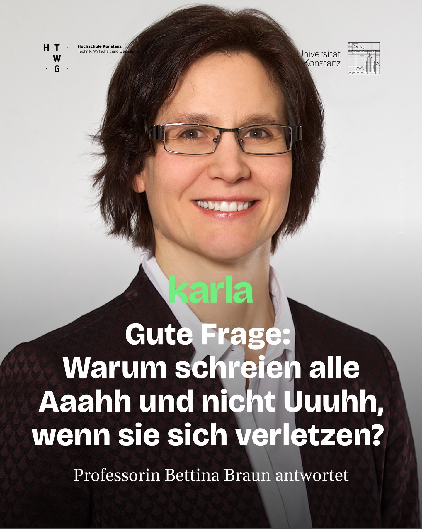 🗣️ Warum schreien alle „Aaaaahhhh!“ und nicht „Uuuuuhhhh!“, wenn sie sich verletzen?
Diese Gute Frage kam von der Ethikklasse G6ab der Geschwister-Scholl-Schule: Warum rufen wir bei Schmerzen fast immer „Aaaaah!“ und nicht einen ganz anderen Laut?
Bettina Braun ist Professorin an der @unikonstanz und erforscht, wie Menschen Sprache lernen, sprechen und verstehen. Für unsere Serie „Gute Frage!” erklärt sie: Wenn wir uns weh tun, wollen wir möglichst laut gehört werden, damit schnell Hilfe kommt. Bei einem „Aaaaah!“ ist der Mund am weitesten geöffnet, so wird der Schrei besonders laut. Ein „Uuuuuh!“ lässt sich dagegen viel schwerer laut rufen.
Lies die ausführliche Antwort auf unserer Website (Link in Bio). 🔍 Probier es selbst vor dem Spiegel: Bei welchem Laut ist dein Mund am weitesten offen?
💡 Die Serie „Gute Frage” hat @luenmich für @karlakonstanz.de gemeinsam mit der @htwgkonstanz und der @unikonstanz gestartet. Wissenschaftler:innen beantworten hier die neugierigen Fragen von Konstanzer Kindern und Jugendlichen. Wir haben über 200 Fragen bekommen – jetzt kommen die Antworten!
👉 Abonniere unseren Familien-Newsletter „familie mit k” (Link in Bio) und verpasse keine neue Gute Frage!
#wissenschaft #konstanz #gutefrage #sprache #schmerz #unikonstanz #htwgkonstanz #geschwisterschollschule