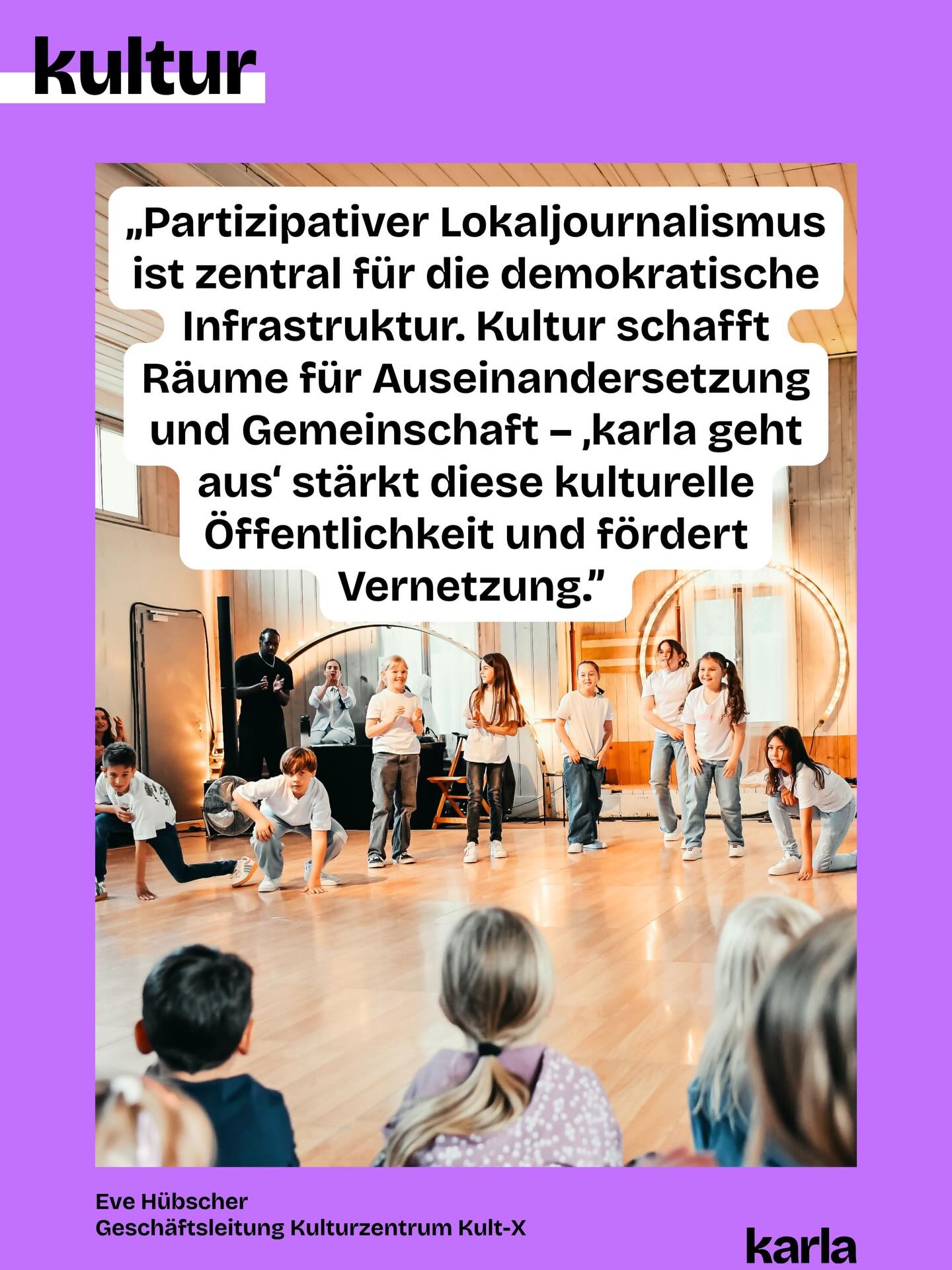 🎭🎨 Weißt du, warum es „karla geht aus“ gibt?

Jede Woche wählen wir @karlakonstanz.de Veranstaltungen für „karla geht aus” aus, pflegen die Community, gestalten die Beiträge und schreiben den Newsletter. Denn: Lokale Kulturberichterstattung ist Teil einer lebendigen Demokratie. Wir machen Stimmen sichtbar, schaffen Räume für Austausch und stärken so das gesellschaftliche Miteinander. Und: Dank „karla geht aus“ weißt du, was am Wochenende läuft!

💬 Wir haben die Personen, die hinter den Veranstaltungen stehen, gefragt, was sie an „karla geht aus” schätzen. Ihre Antworten teilen wir wöchentlich mit euch.

🗣️ Eve Hübscher, Geschäftsleiterin des @kultxkreuzlingen sagt: „Partizipativer Lokaljournalismus ist zentral für die demokratische Infrastruktur. Kultur schafft Räume für Auseinandersetzung und Gemeinschaft – ‚karla geht aus‘ stärkt diese kulturelle Öffentlichkeit und fördert Vernetzung.“

👉 Doch unabhängige Kulturberichterstattung ist nicht selbstverständlich. Damit wir das weiterhin machen können, brauchen wir deine Unterstützung. Wie? Du kannst unsere Beiträge liken, teilen oder den Newsletter abonnieren. Und: Du kannst uns in Form einer Spende oder mit deiner Mitgliedschaft unterstützen. Alle Informationen dazu findest du über den Link in der Bio.

💜💚 Welche Bedeutung hat „karla geht aus“ für dich?

📸 Foto: @evoqprojet 

✍️ Grafik: @philosophi.aaa
